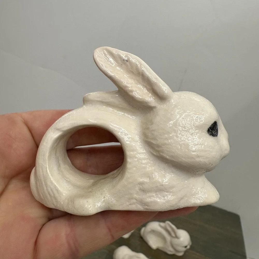 Set Of 6 Ceramic White Bunny Rabbit Napkin Ring Holders Handmade Easter Bunnies